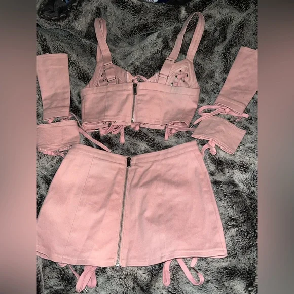 Dolls Kill Club Exx Levels Unlocked Twill Lace Up Crop Top and Skirt Set - Picture 2 of 7